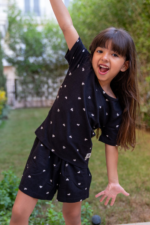 Girls summer pajama set Black Hearts t-shirt + Shorts